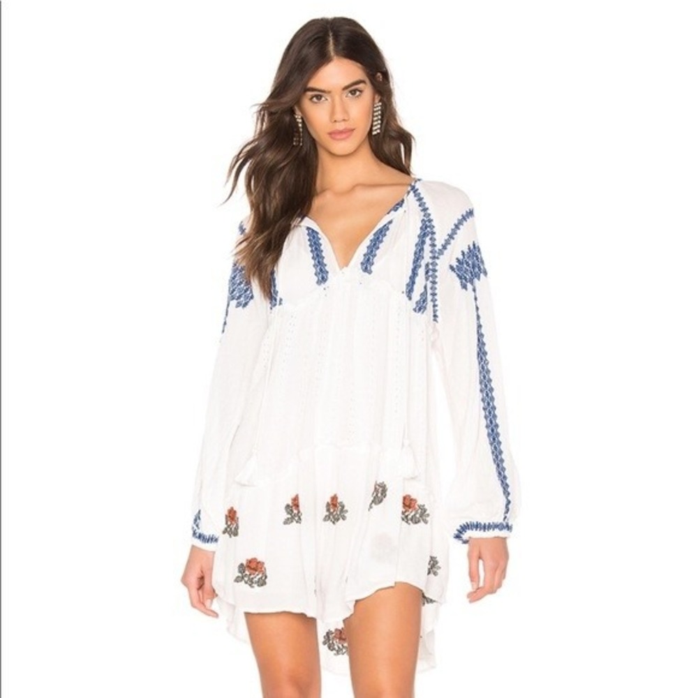 NWT Free People Ivory Embroidered Floral Wild Horses Mini Dress Peasant Boho S